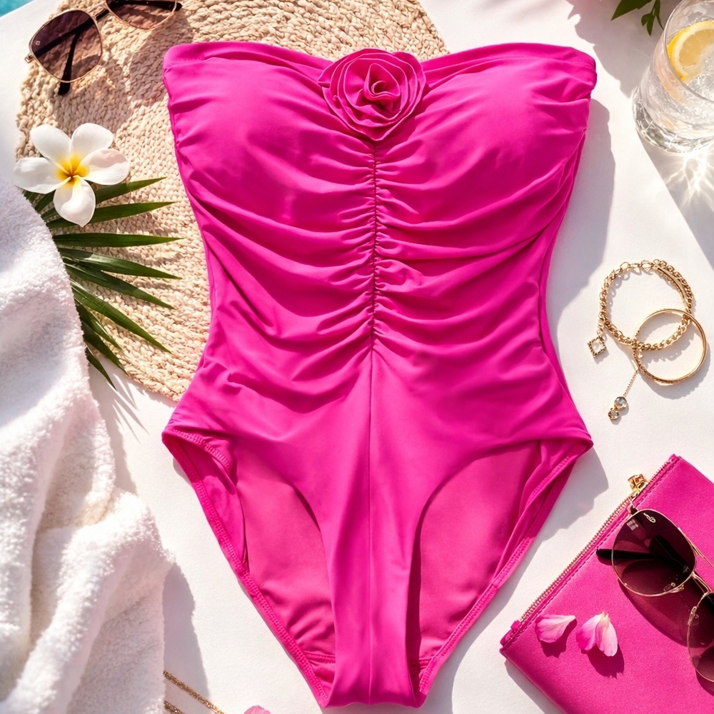 Kate Spade New York Hot Pink One Piece Swimsuit XL Ruched Strapless w/ Strap Nwt